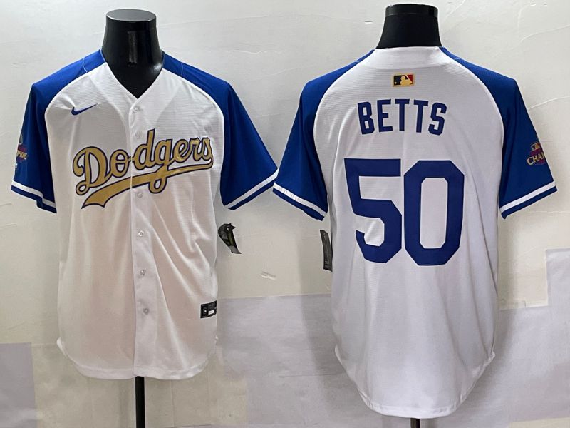 Men Los Angeles Dodgers #50 Betts White Blue Champion gold character Nike 2025 MLB Jersey style 505->los angeles dodgers->MLB Jersey